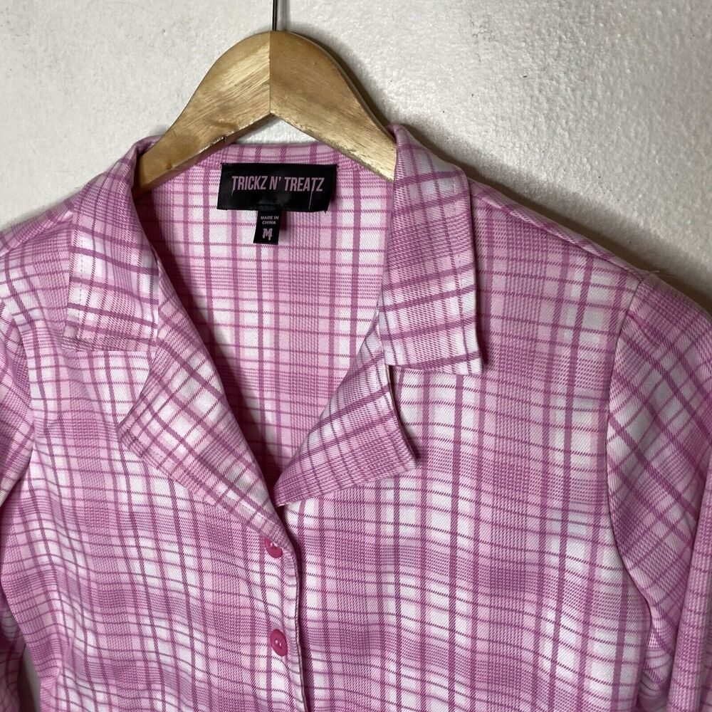 Dolls Kill Tricks N Treatz‎ Pink Plaid Button Up V-Neck Collared Shirt Blazer - Picture 2 of 11